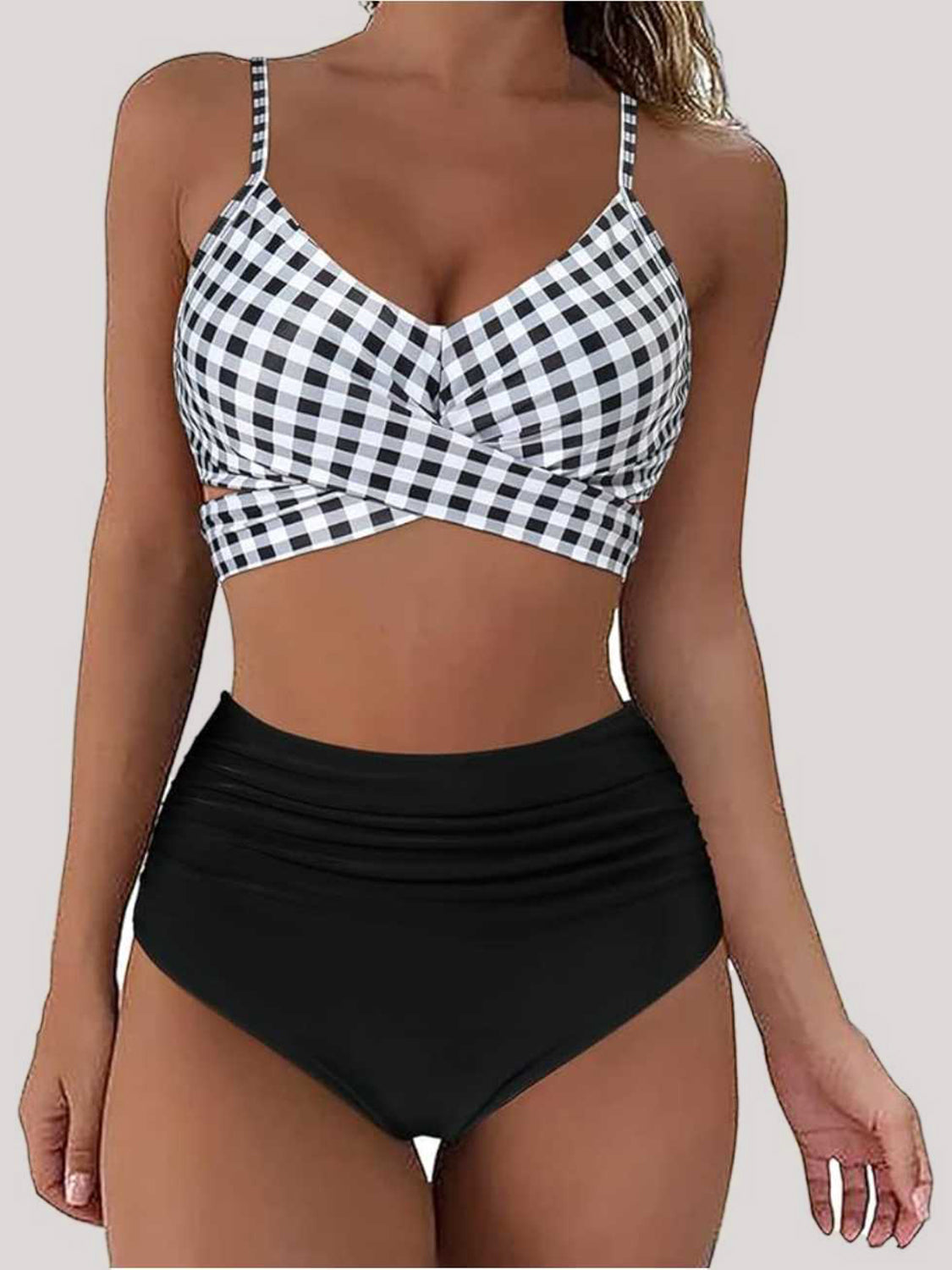 Tied Printed Spaghetti Strap Two-Piece Swim Set - T - BLACK CHECK & US FLAG PATTERN -