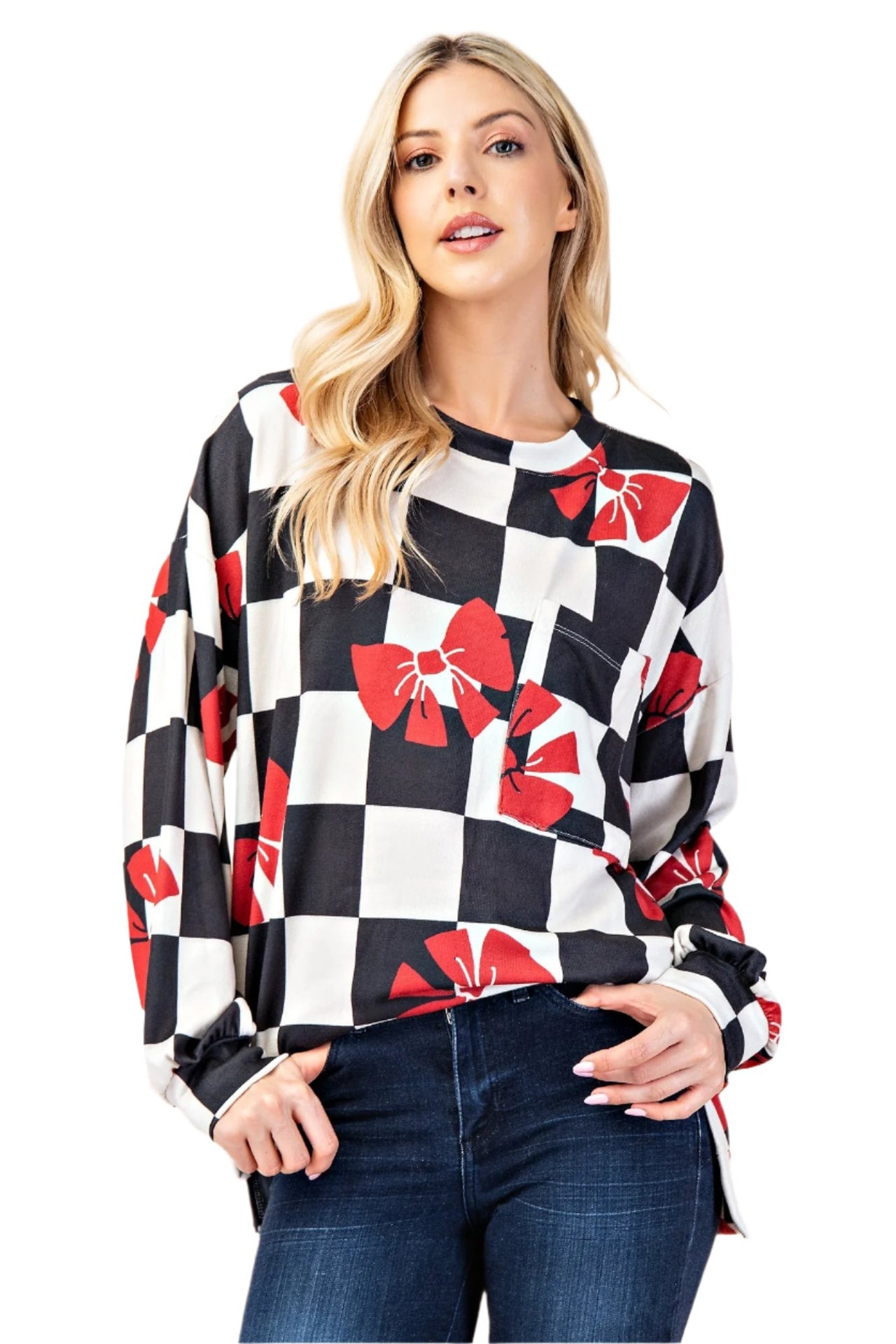 Celeste Checkered Bow Print Round Neck T-Shirt - T - 1 COLOR -