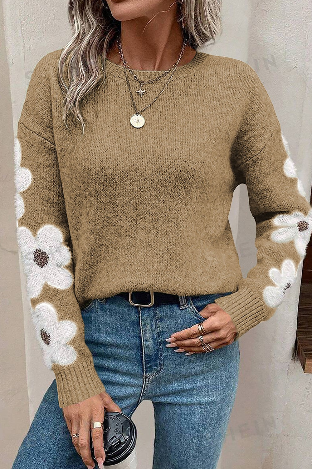 Flower Round Neck Long Sleeve Sweater - T - 5 COLORS -