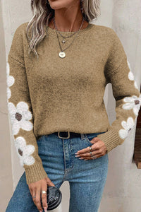 Thumbnail for Flower Round Neck Long Sleeve Sweater - T - 5 COLORS -