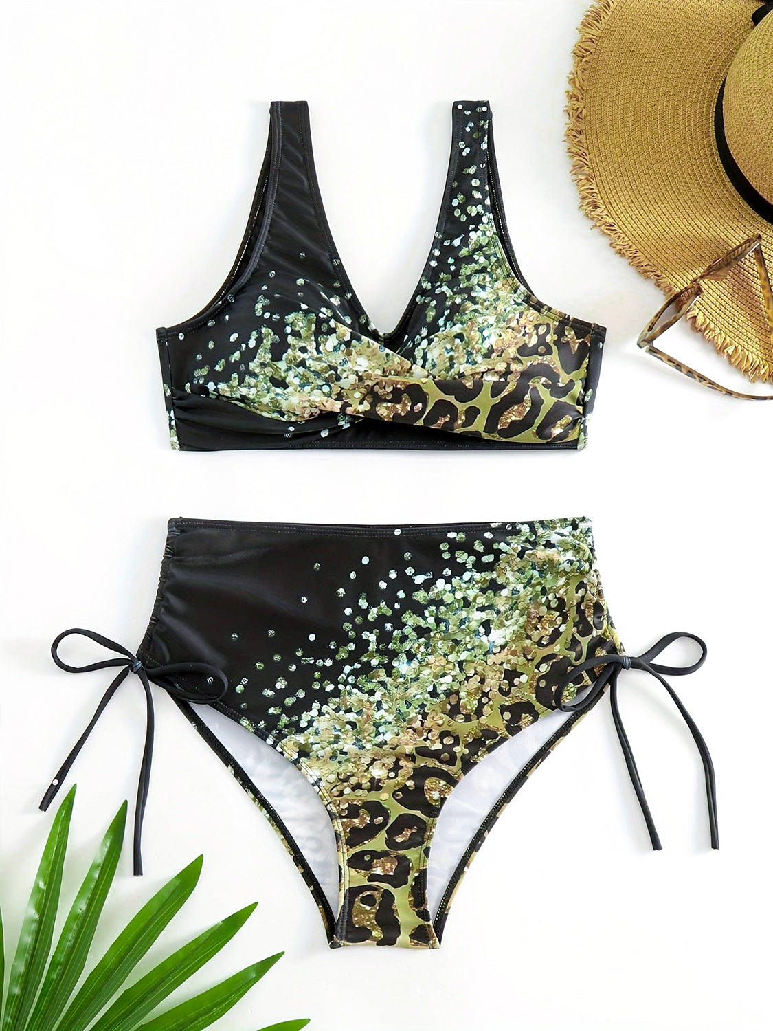 Lace-Up Printed Wide Strap Bikini Set - T - 3 COLORS -