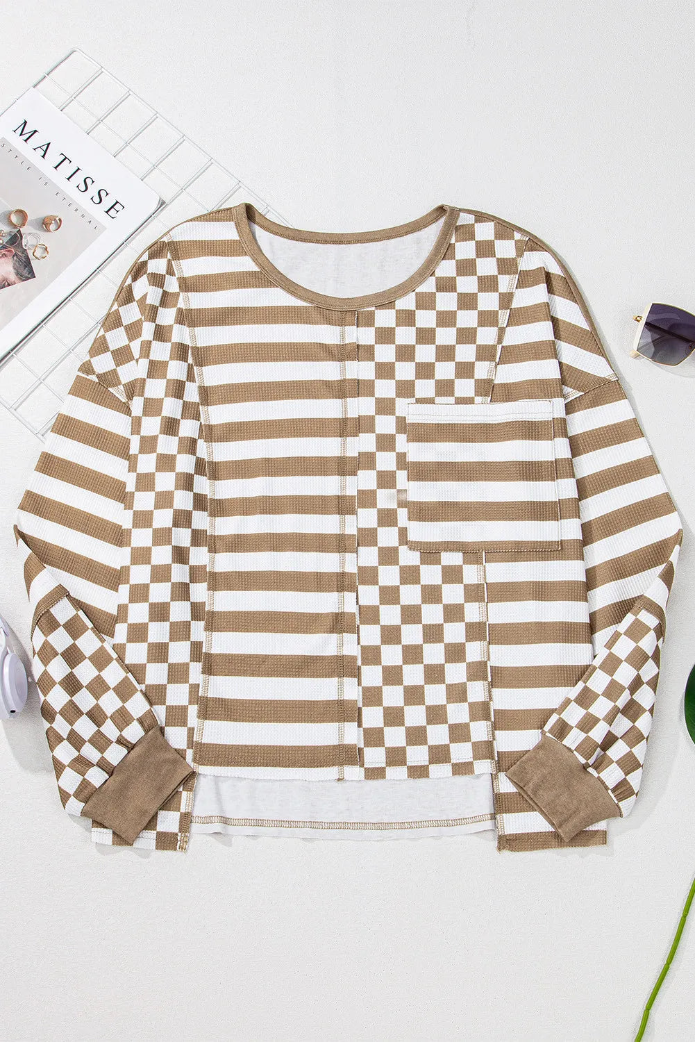 Checker & Stripes Round Neck Long Sleeve Blouse - T - 1 COLOR -