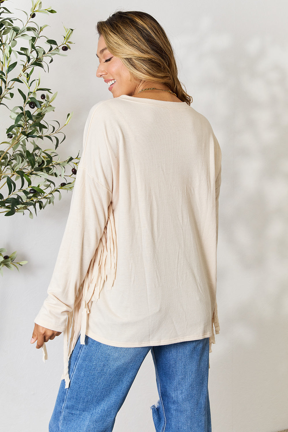 Celeste Full Size Fringe Detail Long Sleeve Blouse - SIZES S THRU 3 XL - T - 1 COLOR -