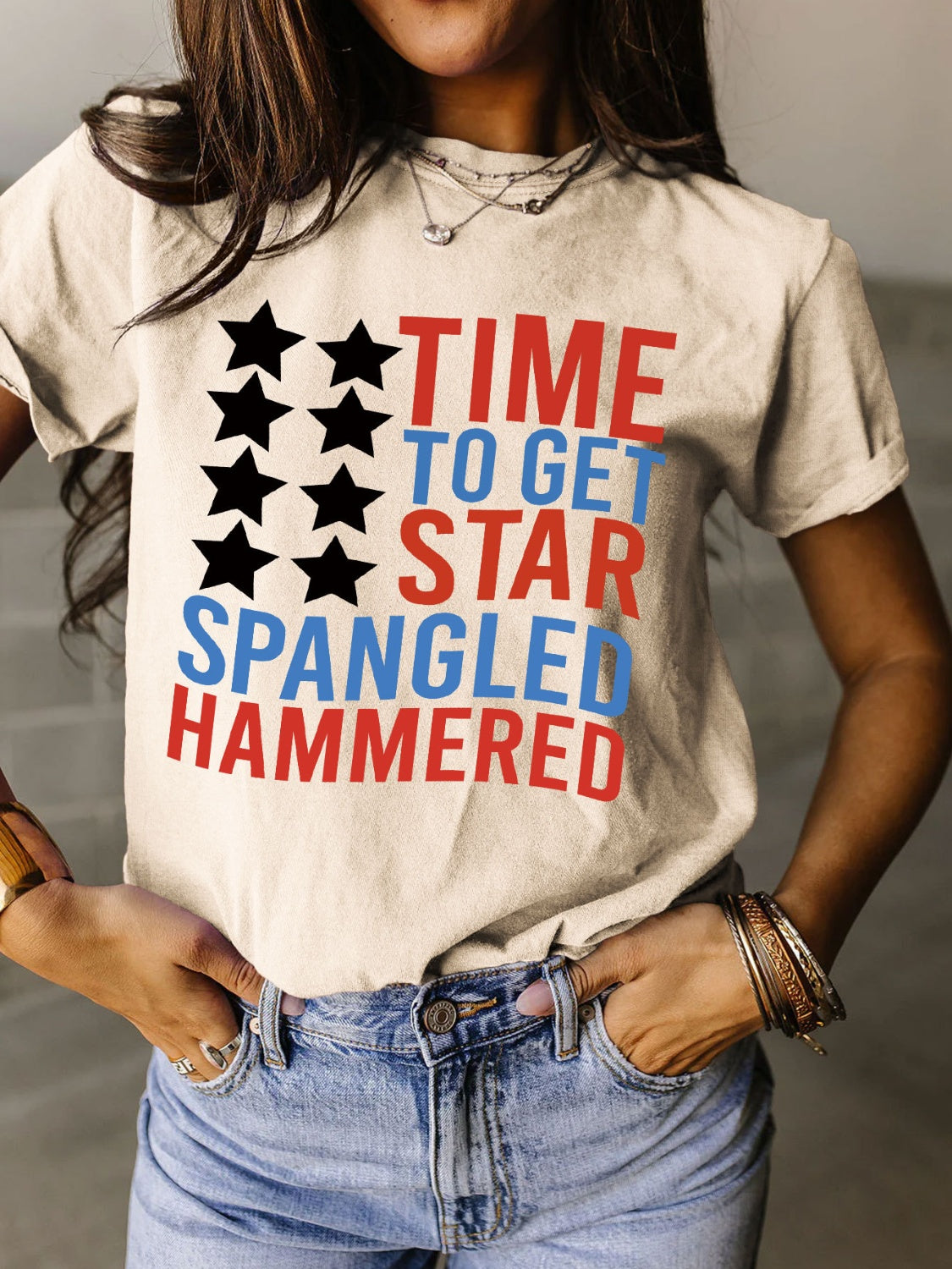 Full Size - 'Time to get Star Spangle Hammered' Letter Graphic Round Neck Short Sleeve T-Shirt - T - 12 COLORS -