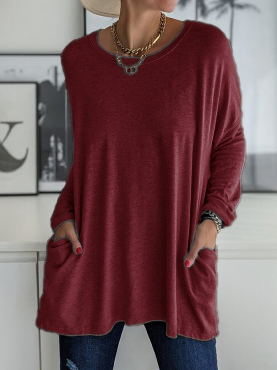 Full Size Round Neck Drapey Long Sleeve T-Shirt - SIZES S THRU 3XL - T - 6 COLORS -