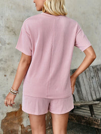 Thumbnail for Textured Round Neck Short Sleeve Top and Shorts Set - 2 PCS. - T - 4 COLORS -