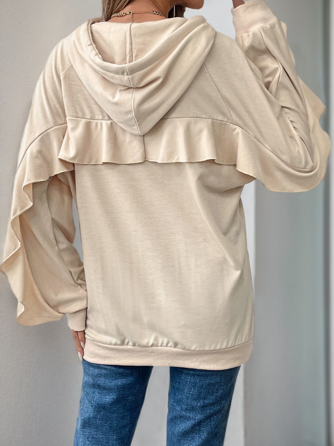 Perfee Drawstring Ruffled Long Sleeve Hoodie - T - 1 COLOR -