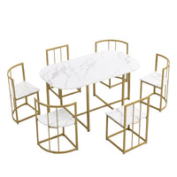 Thumbnail for Modern 7-Piece Dining Table Set With Faux Marble Compact 55Inch Kitchen Table Set for 6, Golden+White