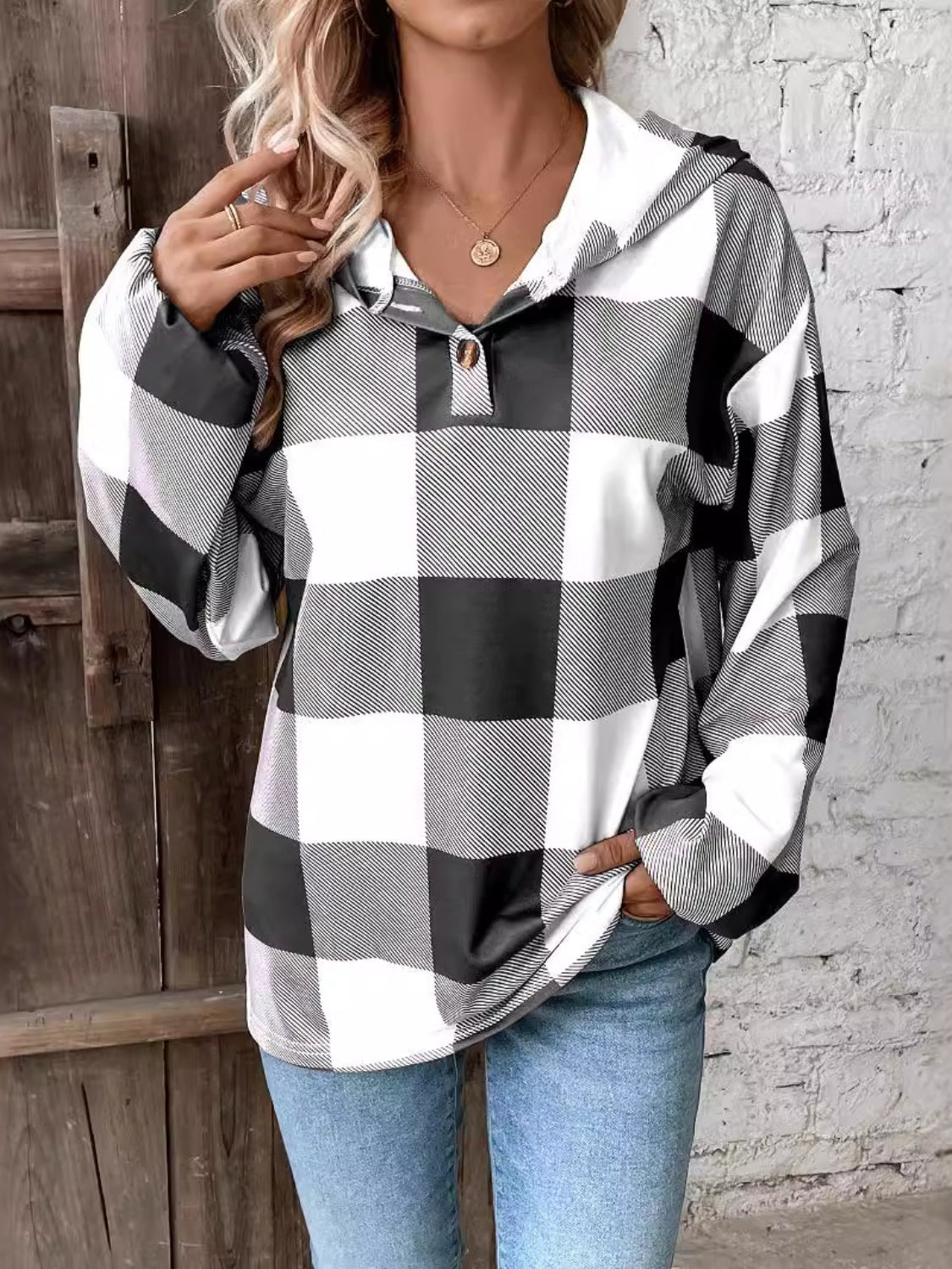 Plaid Dropped Shoulder Long Sleeve Hoodie Top - T - 2 COLORS -