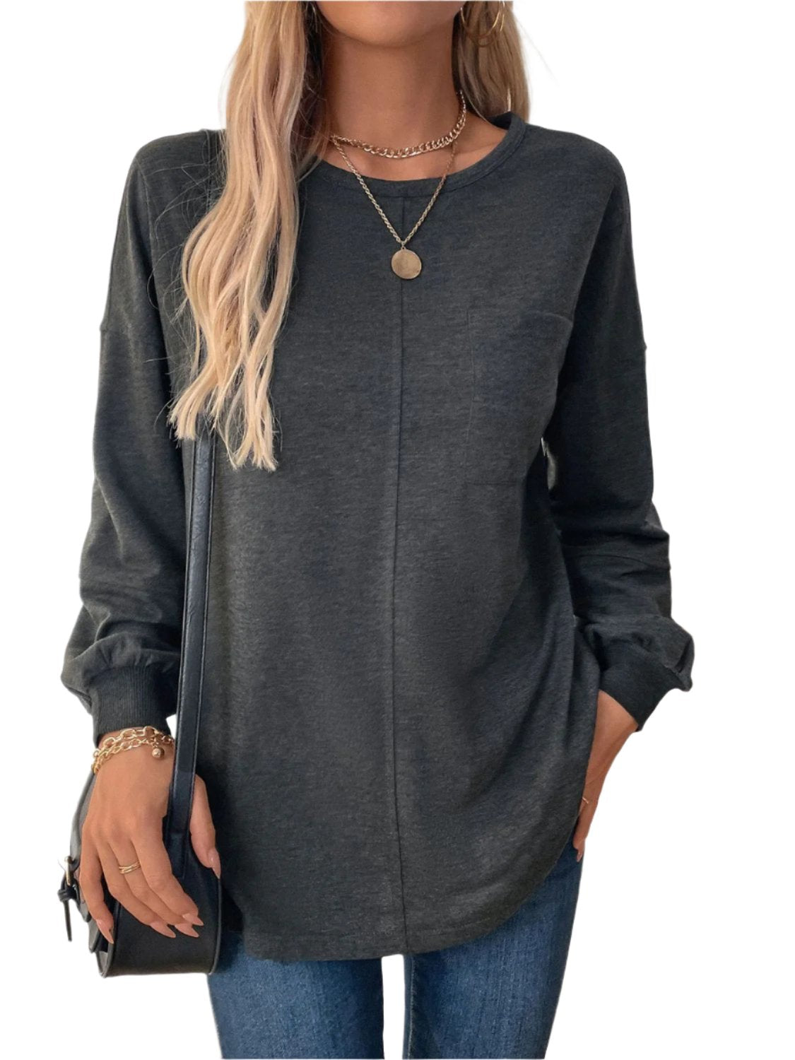 Perfee Pocketed Round Neck Long Sleeve Sweatshirt - T - 1 COLOR -