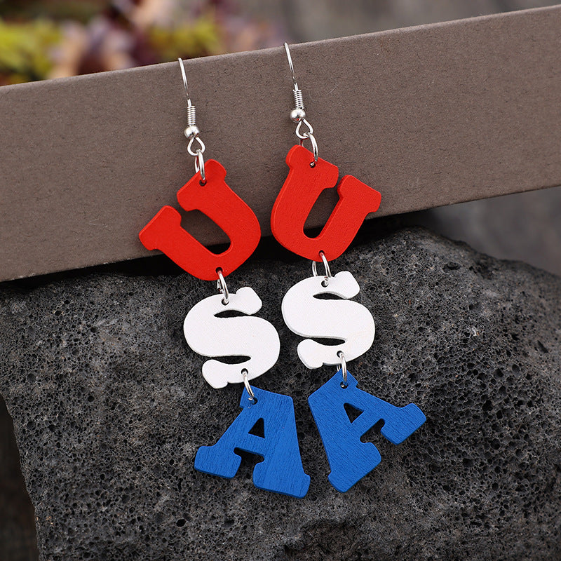 USA Wooden Letter Dangle Earrings - T -