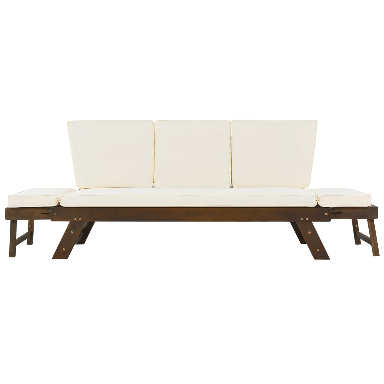 Outdoor Adjustable Patio Wooden Daybed Sofa Chaise Lounge With Cushions for Small Places, Brown Finish+Beige Cushion