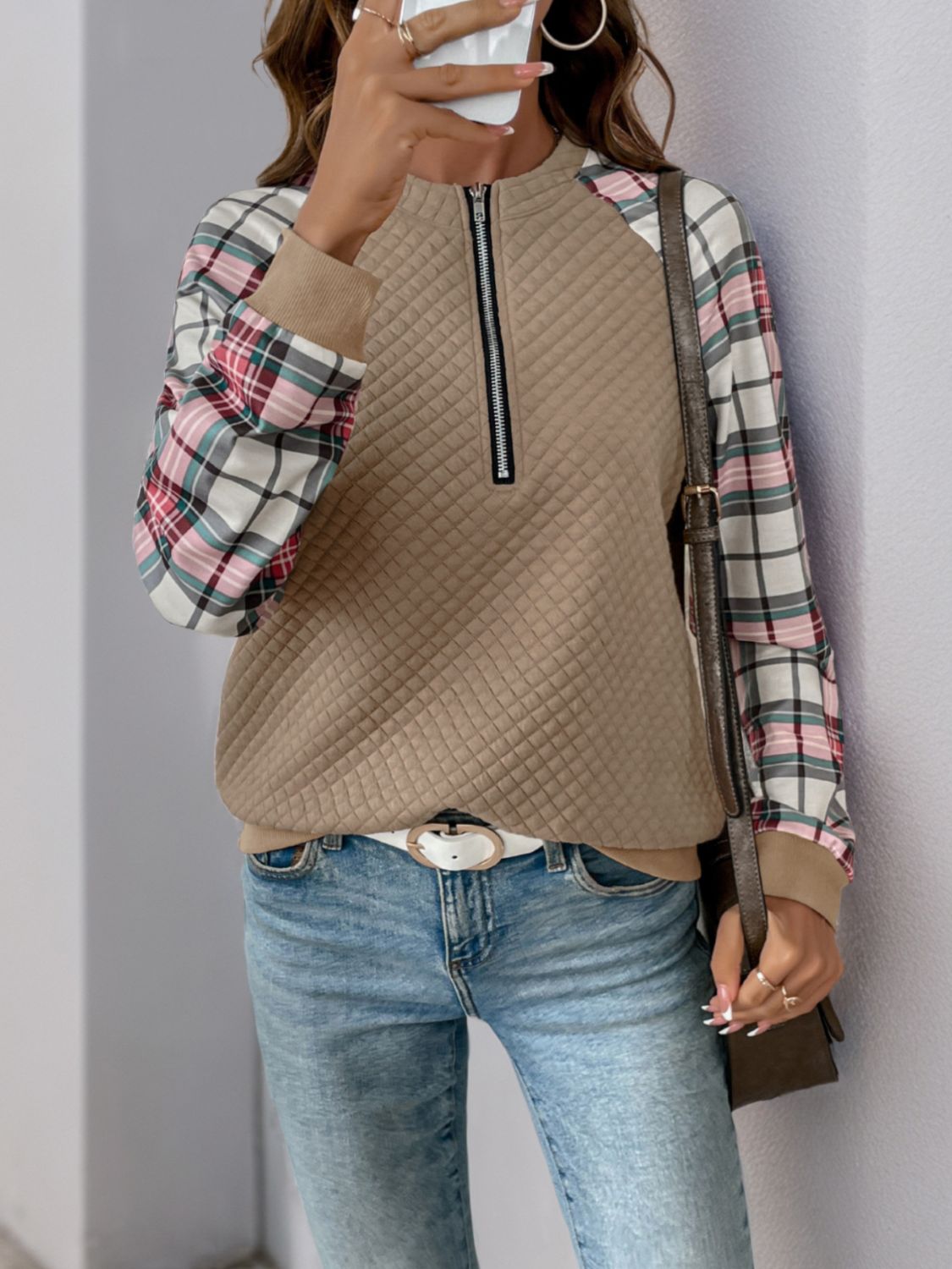 Perfee Plaid Half Zip Long Sleeve Texture Sweatshirt - T - 1 COLOR -