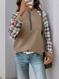 Thumbnail for Perfee Plaid Half Zip Long Sleeve Texture Sweatshirt - T - 1 COLOR -