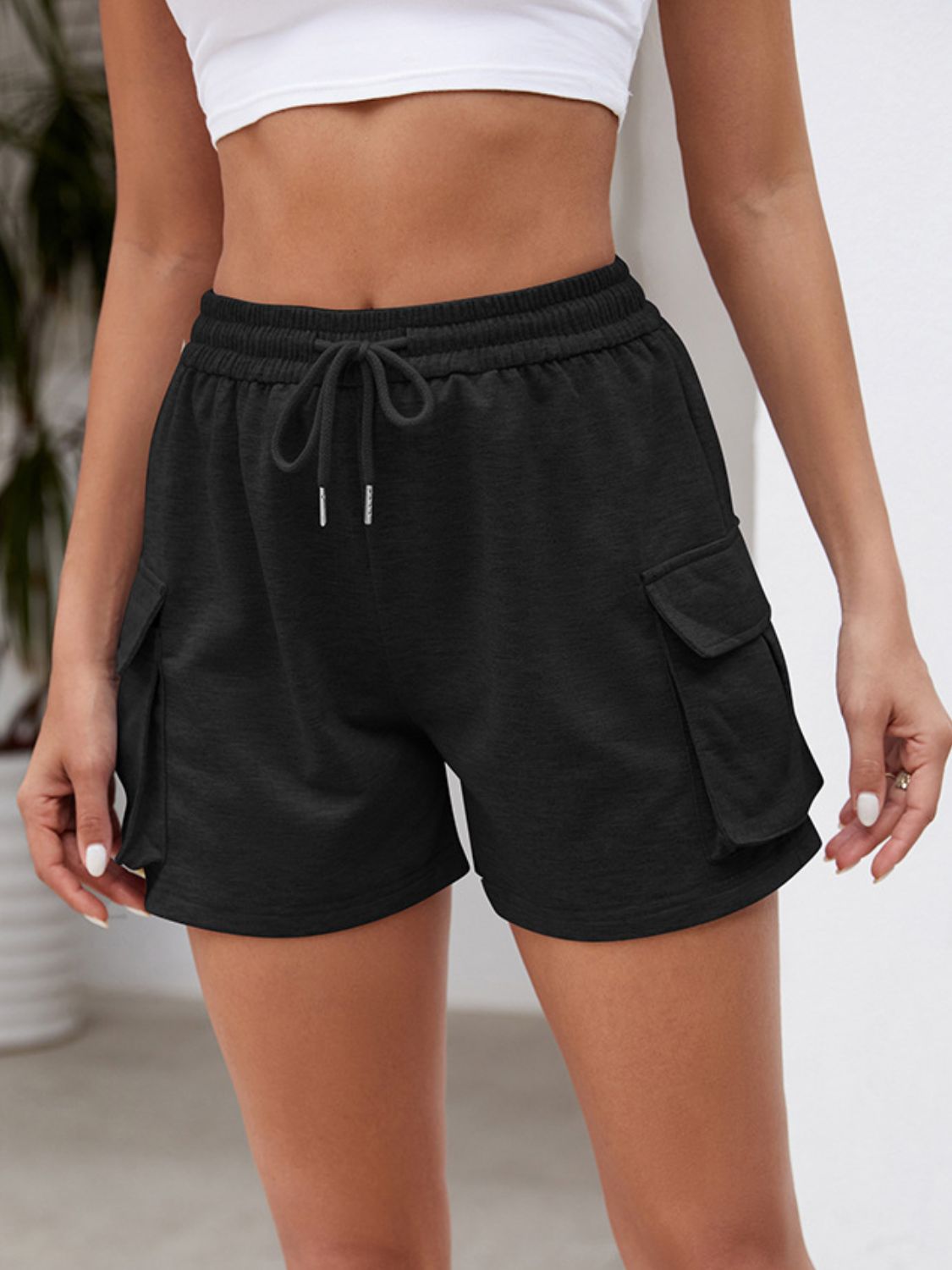 Drawstring Elastic Waist Shorts with Pockets - T - 3 COLORS -