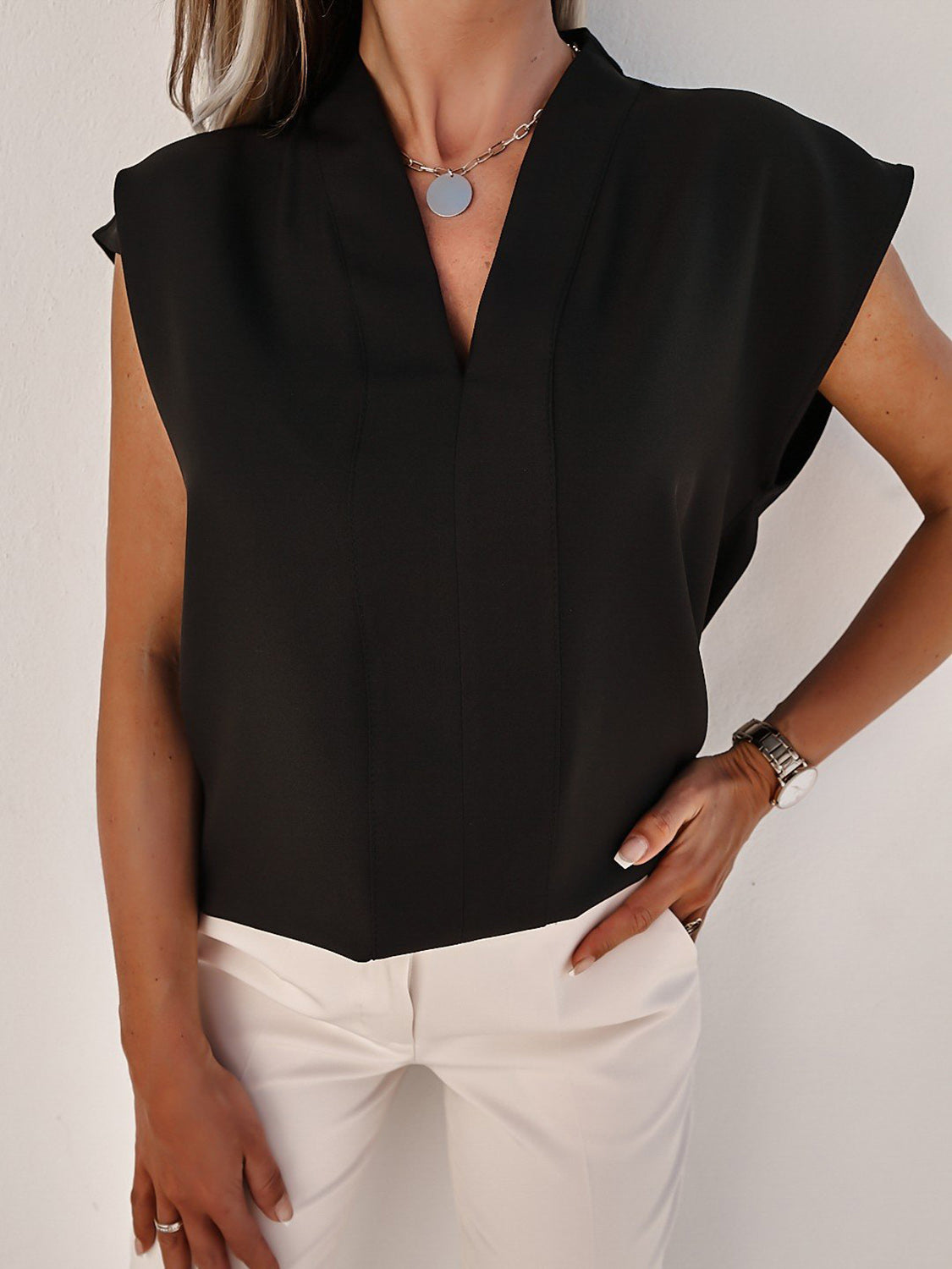 V-Neck Cap Sleeve Blouse - T - 3 COLORS -