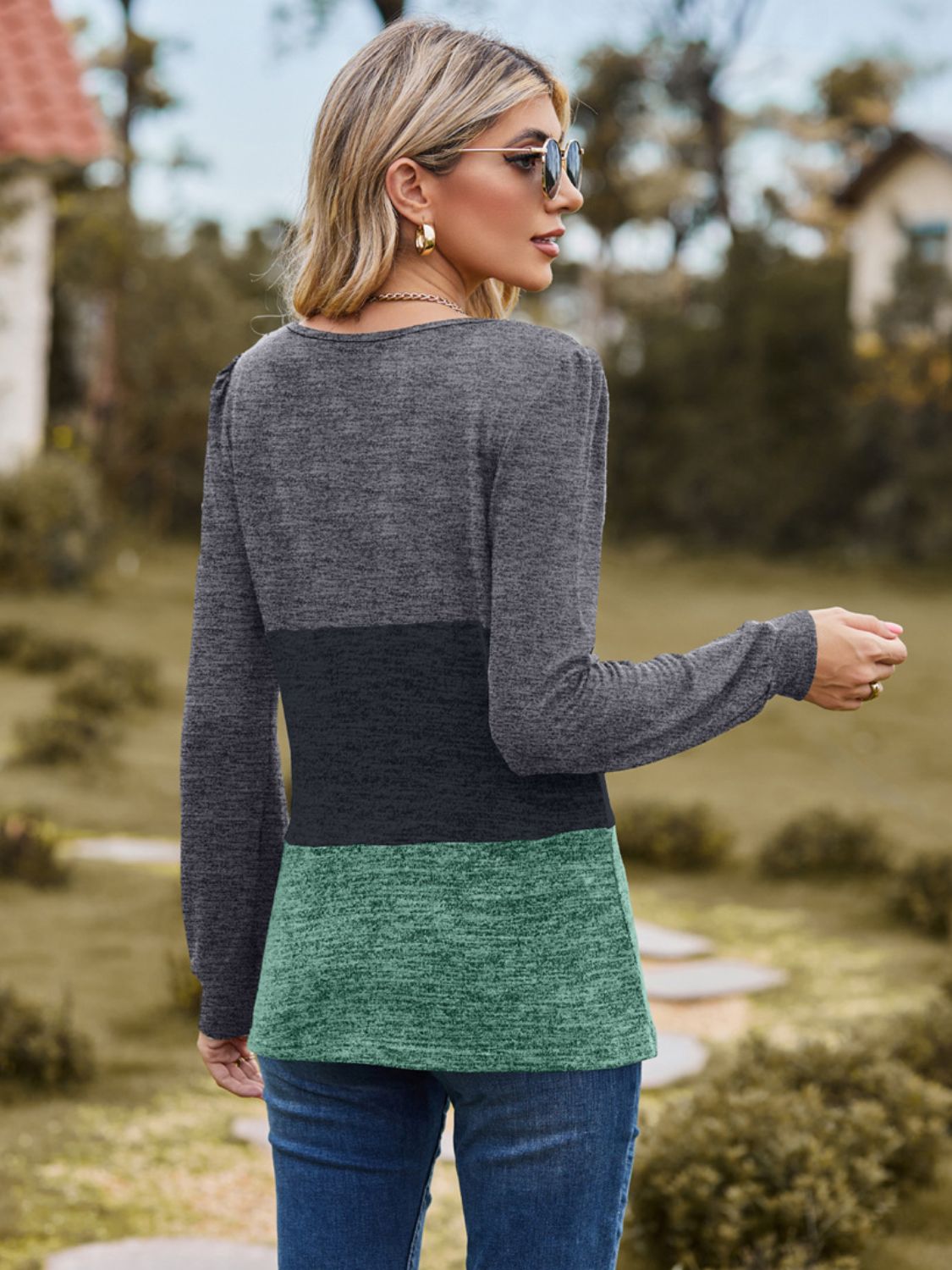 Color Block Square Neck Long Sleeve T-Shirt - T - 3 COLORS -