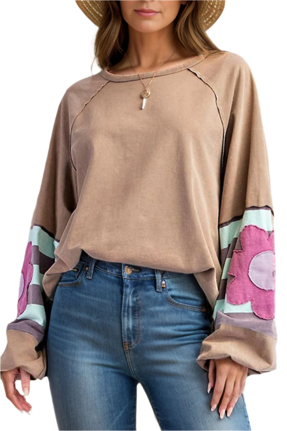 Flower Patch Round Neck Balloon Sleeve Top - T - 3 COLORS -