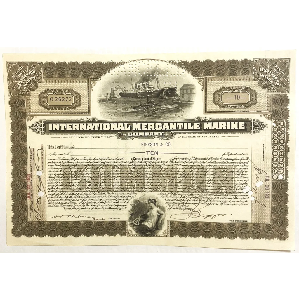 Antique 1910s - 1920s Titanic International Mercantile Marine Stock Certificate - Brown