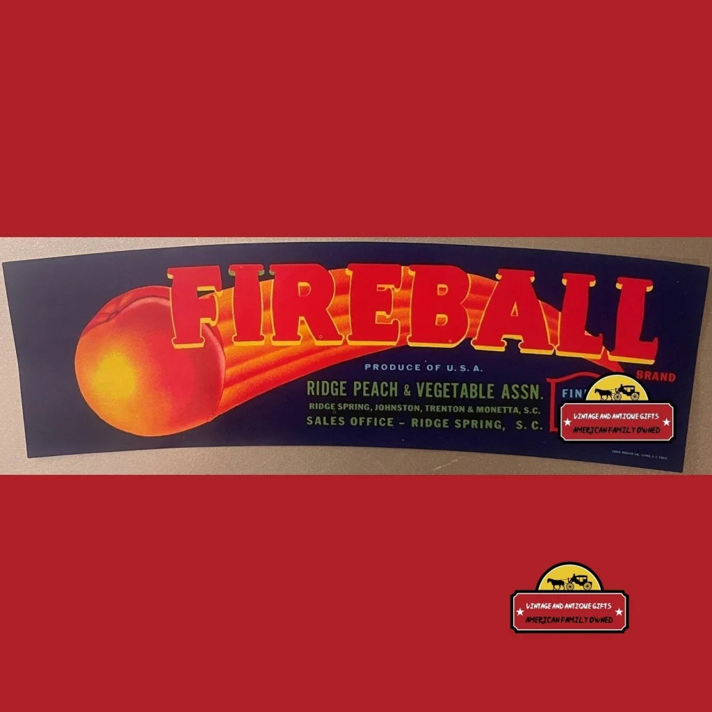 Vintage Fireball Crate Label 1960s, South Carolina's Flaming Peach Comet