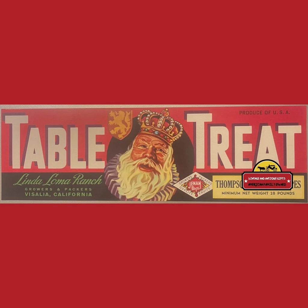 Vintage Table Treat Crate Label, Visalia, Ca 1950s, Royal Santa Claus?