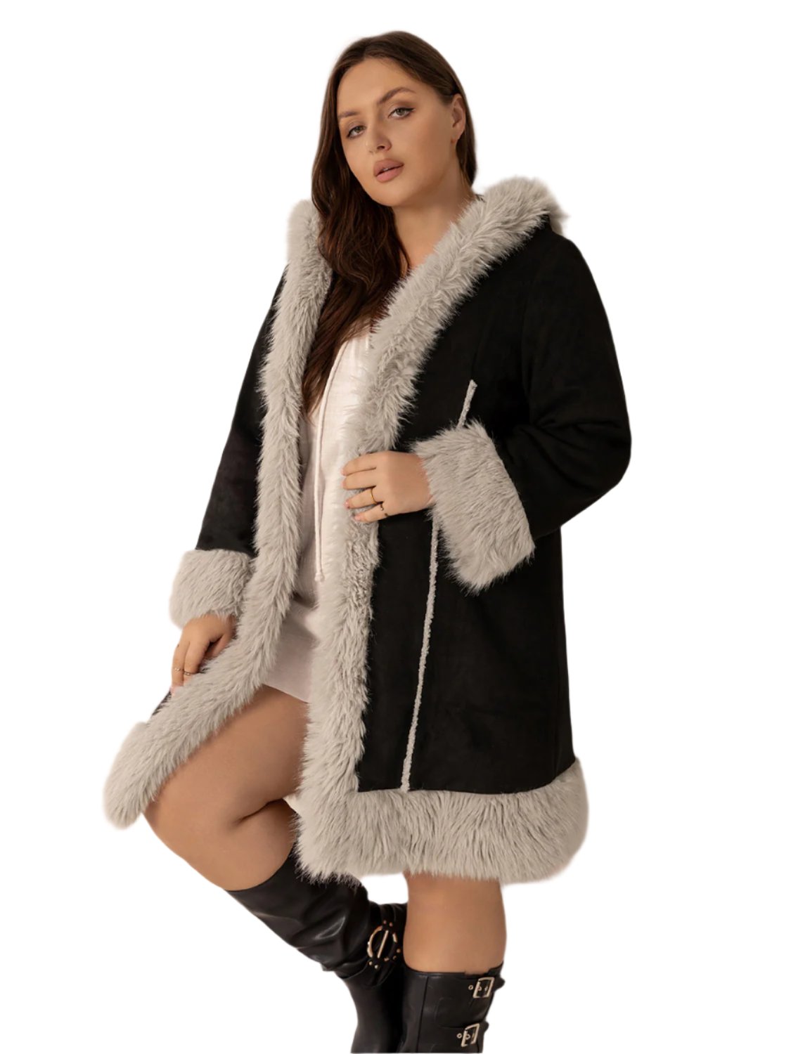 Plus Size Fuzzy Trim Open Front Long Sleeve Hooded Coat - 1XL THRU 4XL ONLY - T - 1 COLOR