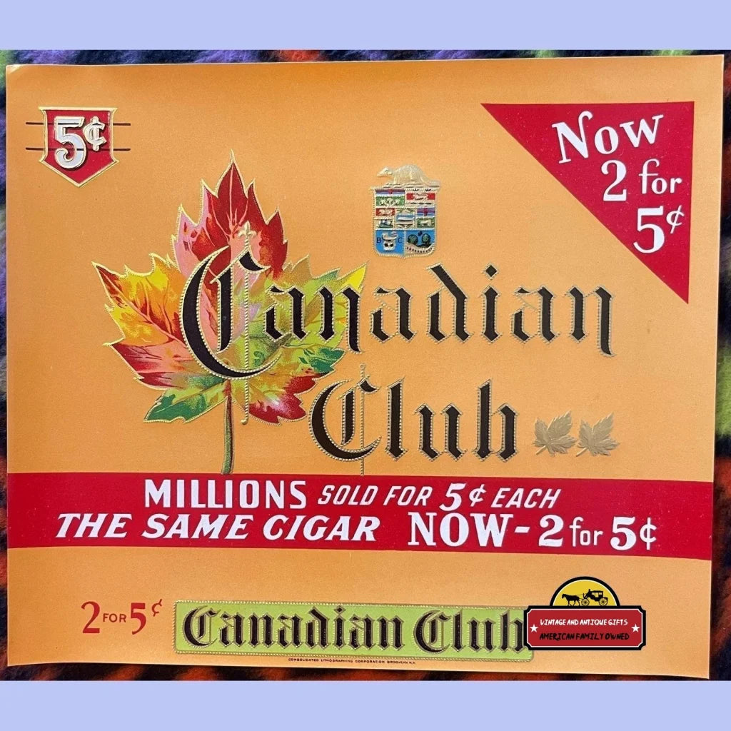 Antique Canadian Club Embossed Cigar Label, Maple Leaf, Version 2, Red Lion, Pa 1920s - 1930s