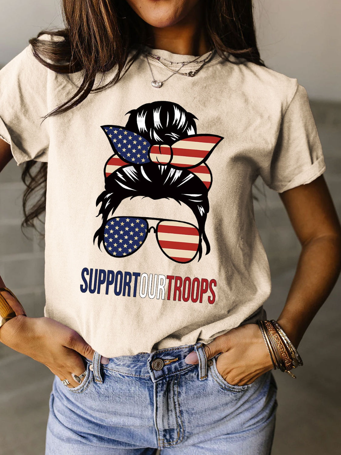 Support Our Troops Full Size Graphic Round Neck Short Sleeve T-Shirt - T - 9 COLORS -