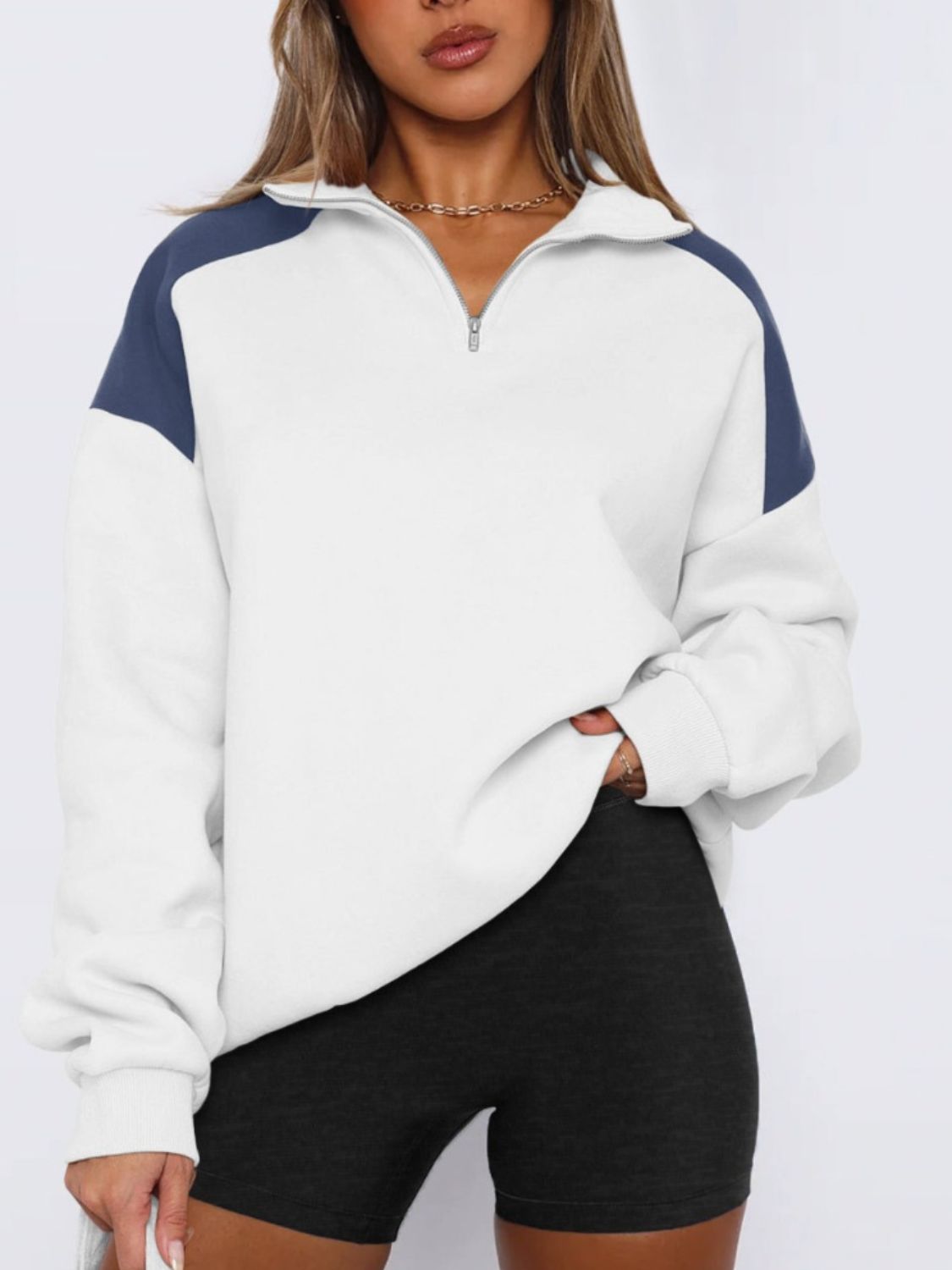 Contrast Quarter Zip Long Sleeve Sweatshirt - T - 4 COLORS -