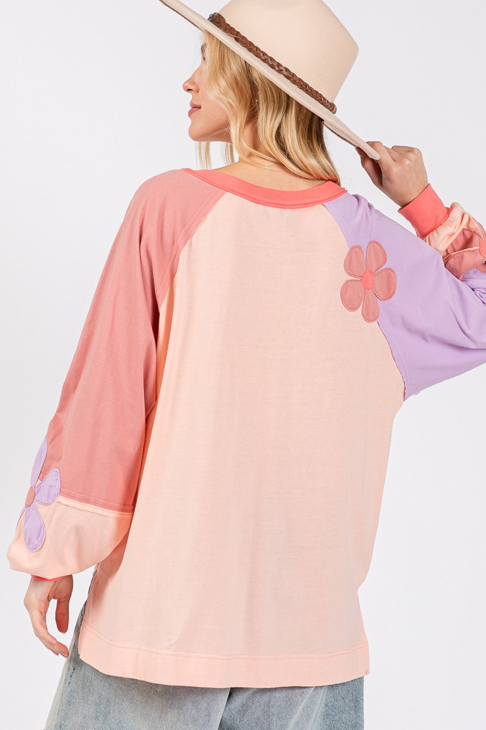 SAGE + FIG Full Size Daisy Applique Patch Color Block Long Sleeve Top - T - 1 COLOR -