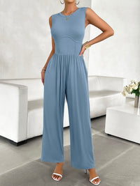 Thumbnail for Round Neck Sleeveless Wide Leg Jumpsuit - T - 4 COLORS -