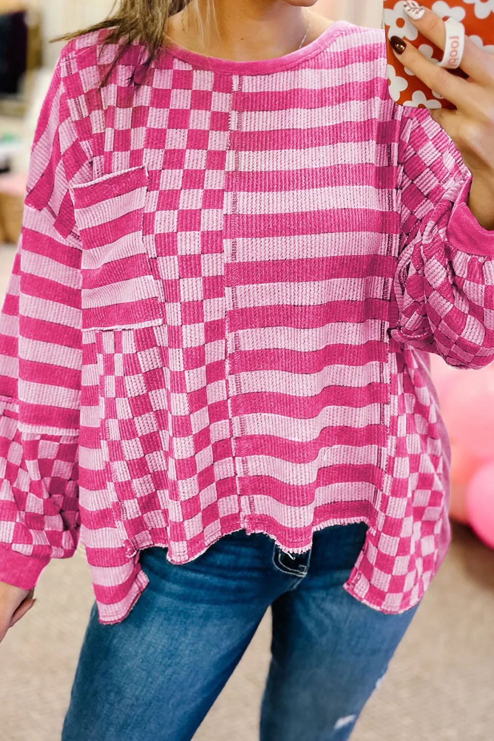 Checker & Stripes Round Neck Long Sleeve Blouse - T - 1 COLOR -