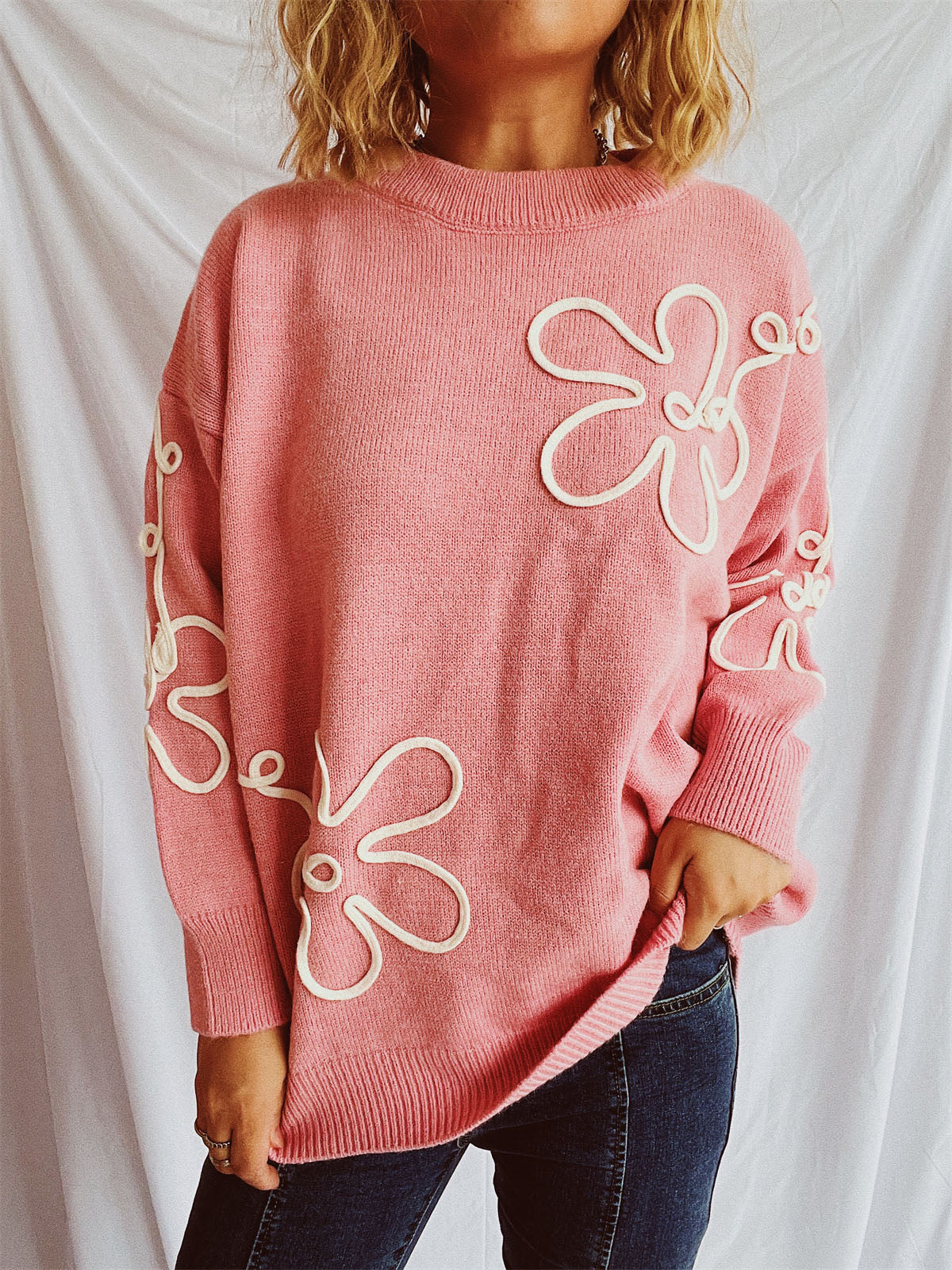 Flower Round Neck Long Sleeve Sweater - 1 OVERSIZE - T - 3 COLORS -