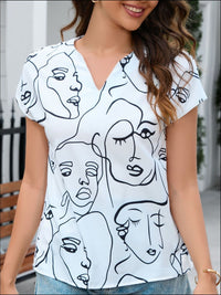 Thumbnail for Line Drawing Print Notched Short Sleeve Blouse - T - 1 COLOR -