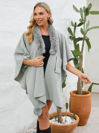 Thumbnail for Fuzzy Trim Open Front Poncho - ONE SIZE - T - 6 COLORS -