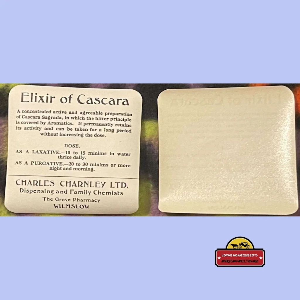 Very Rare Antique Vintage 1910s - 1920s Elixir of Cascara Label, C Charnley, Grove Pharmacy