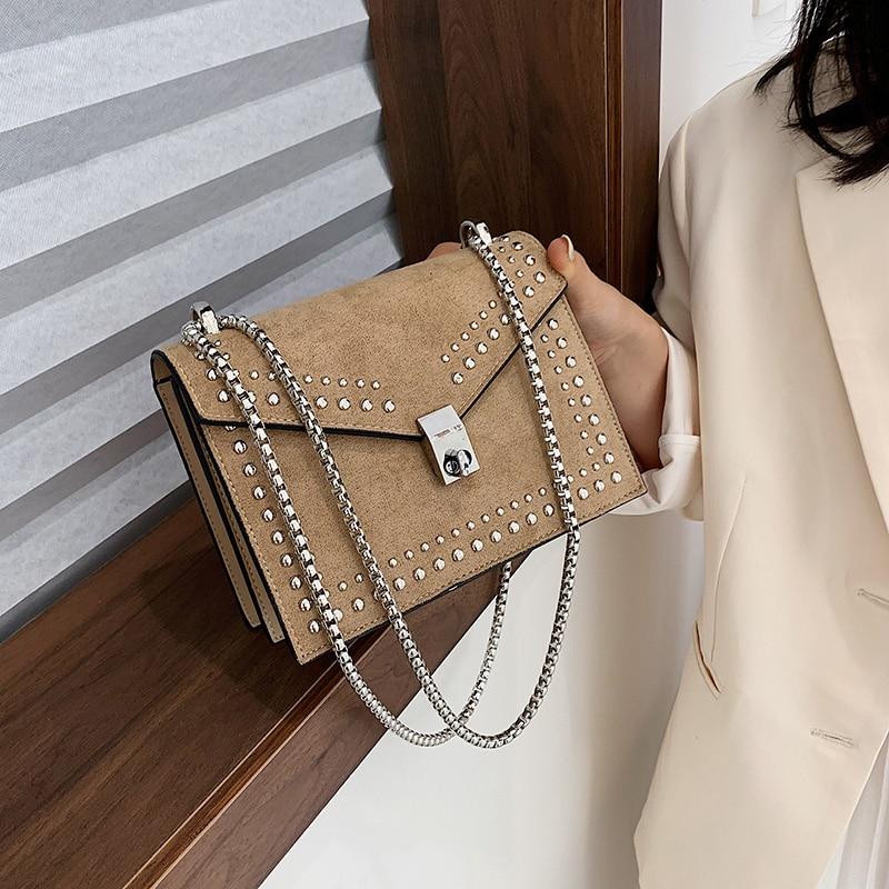 Scrub Leather Chain Rivet Lock Shoulder Bag - 4 COLORS -