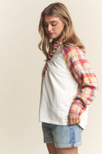 Thumbnail for J.NNA Plaid Contrast Button Down Henley Top - T - 1 COLOR -