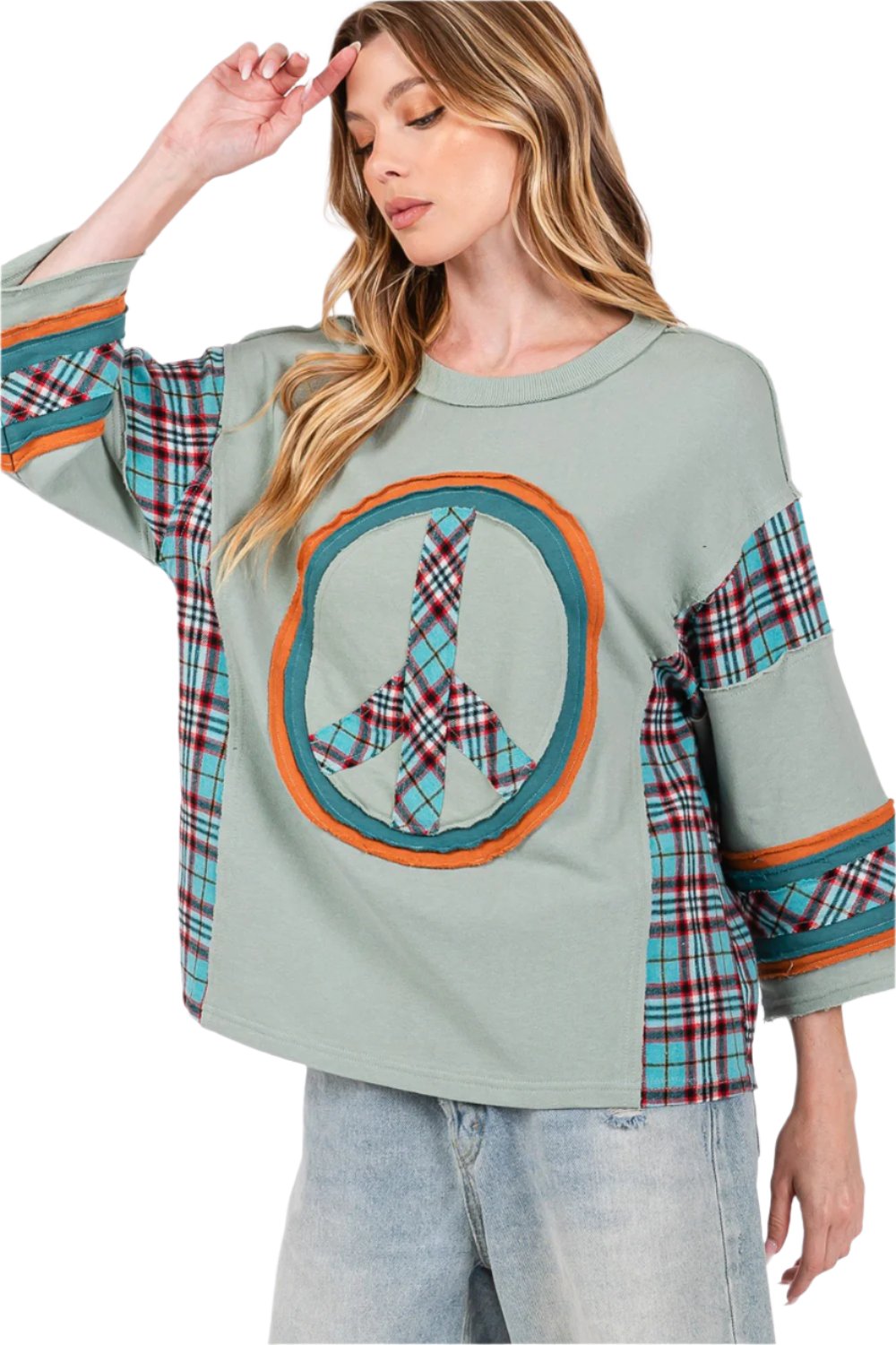 SAGE + FIG Peace Applique Patch Contrast Plaid Top - T - 1 COLOR -