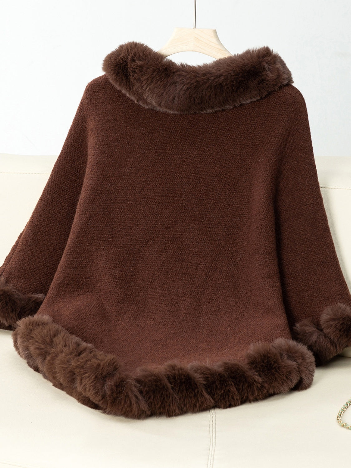 Fuzzy Trim Texture Three-Quarter Sleeve Poncho - 1 SIZE - T - 6 COLORS -