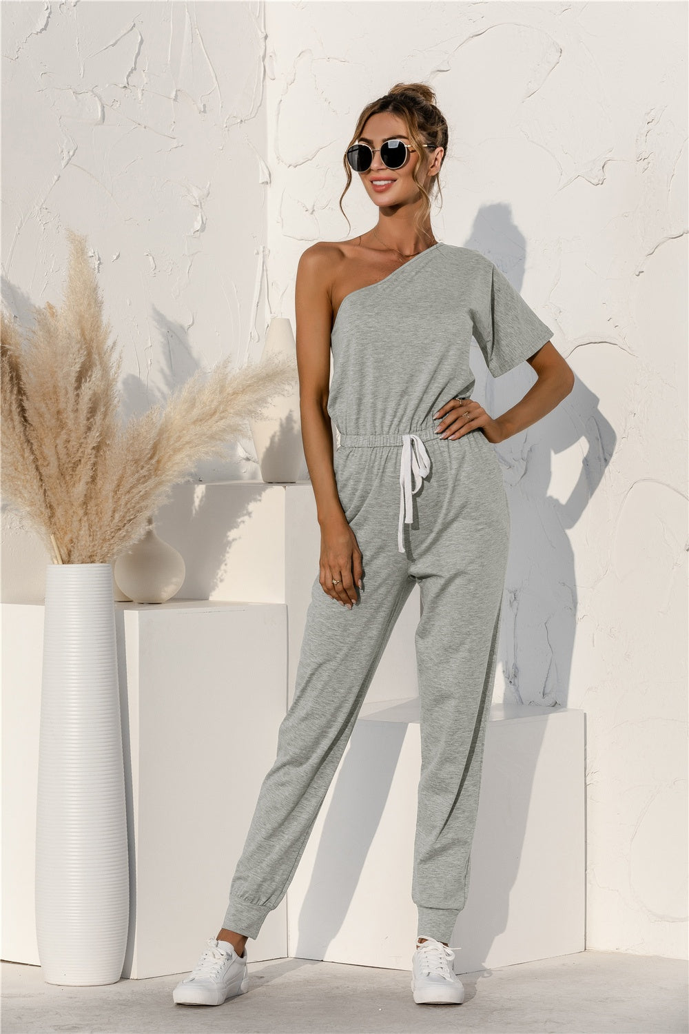 Single Shoulder Short Sleeve Jumpsuit - T - 1 COLOR -