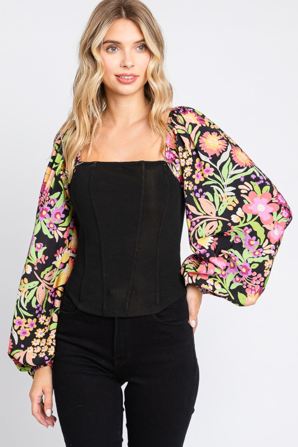 ODDI Full Size Floral Balloon Sleeve Blouse - T - 1 COLOR -