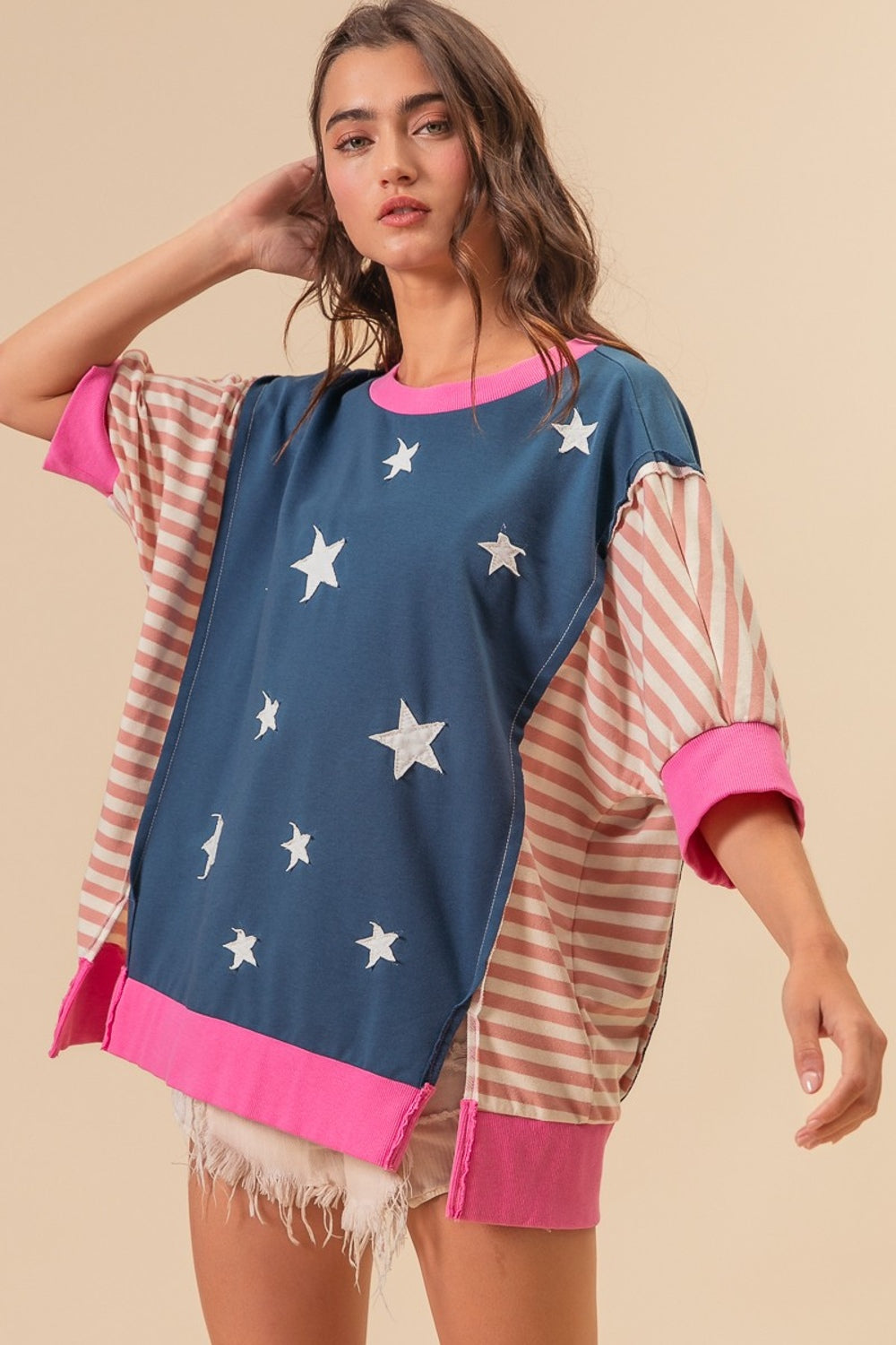 BiBi US Flag Theme Color Block Star Patch T-Shirt - T - 1 COLOR -