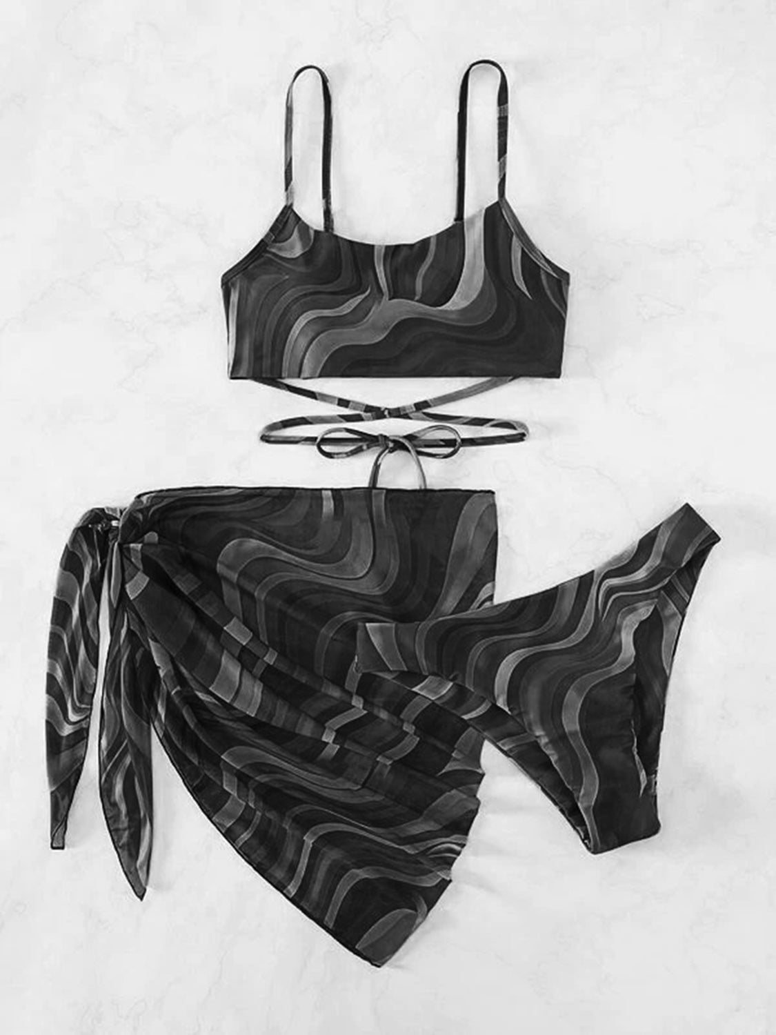 Tied Printed Three-Piece Swim set - 3 PCS. - T - 4 COLORS -