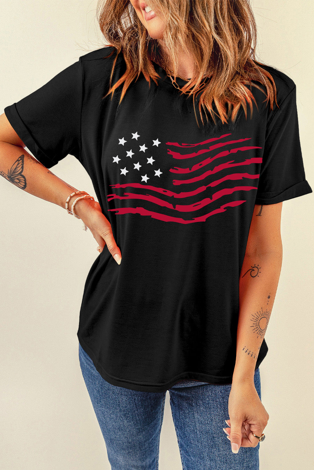 US Flag Round Neck Short Sleeve T-Shirt - T - 1 COLOR -