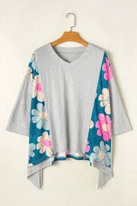 Thumbnail for Slit Floral V-Neck Three-Quarter Sleeve Blouse - T - 2 COLORS -