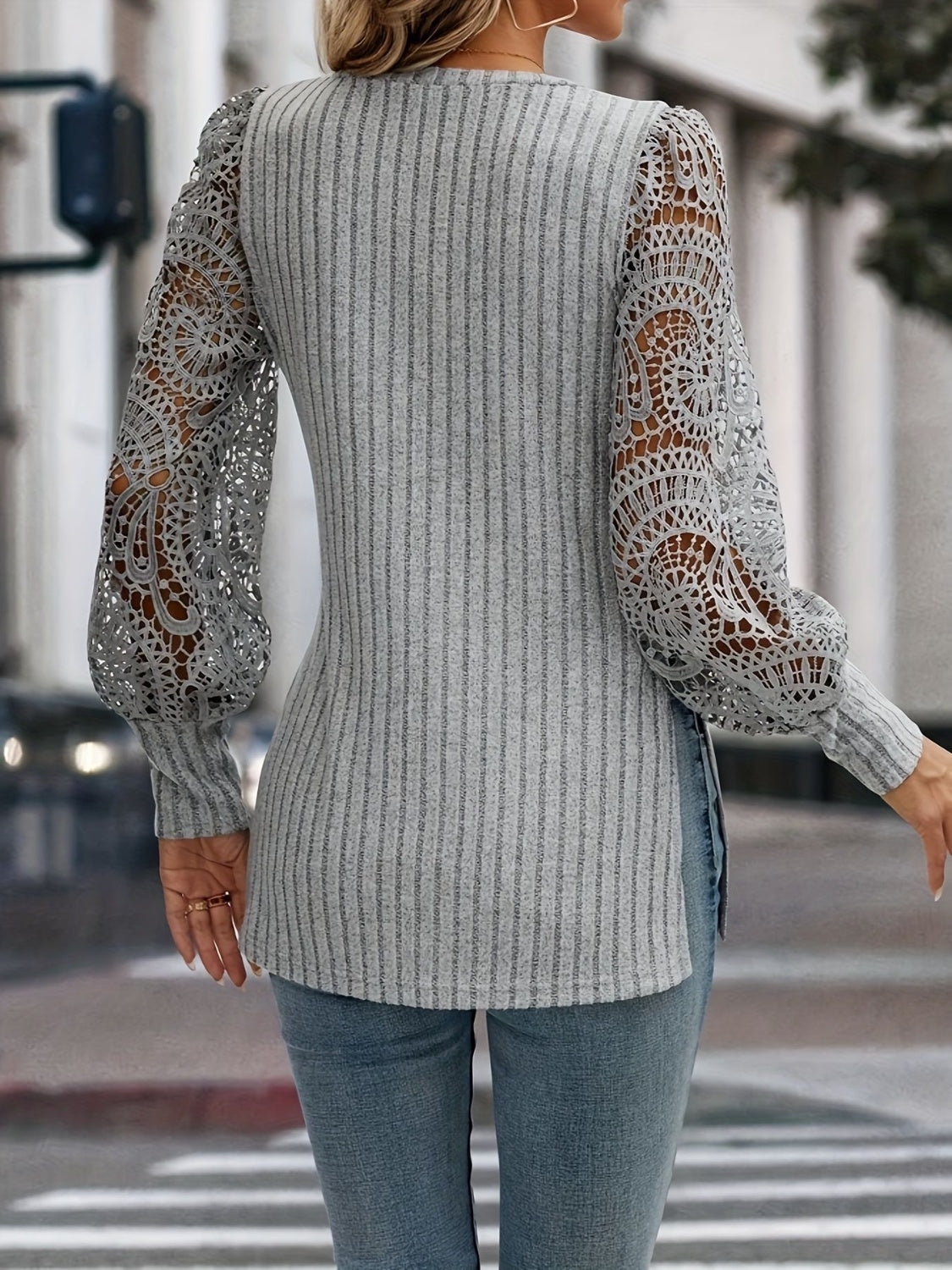 Slit Round Neck Lace Long Sleeve T-Shirt - T - 1 COLOR -