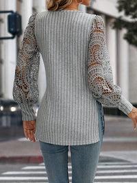 Thumbnail for Slit Round Neck Lace Long Sleeve T-Shirt - T - 1 COLOR -