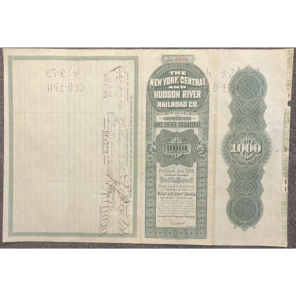 Antique 1898 New York Central and Hudson River Railroad Co. Gold Bond Certificate