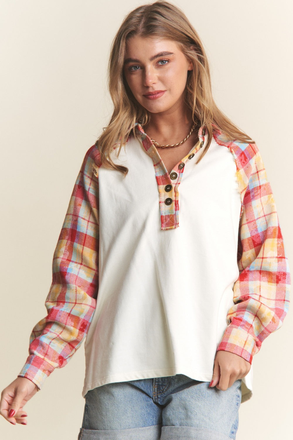 J.NNA Plaid Contrast Button Down Henley Top - T - 1 COLOR -